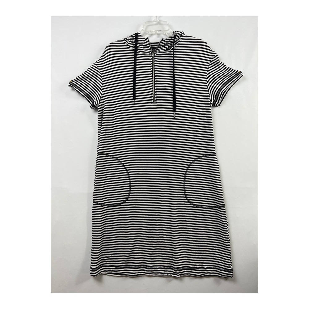 Carre Noir Hooded Dress Women L Black White Striped Half Zip Short Sleeve Pocket